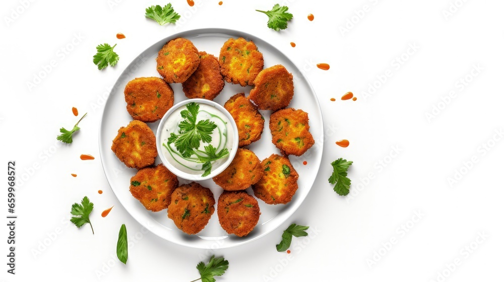 Healthy vegetarian nuggets with carrots, cauliflower and spinach. Vegetable nuggets. Vegan food. Top view, white background. - obrazy, fototapety, plakaty 