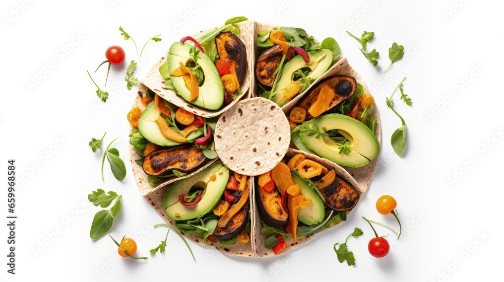 Open vegan tortilla wraps with sweet potato, beans, avocado, tomatoes, pumpkin and seedlings on a white background, top view, flat lay. Healthy vegan food concept. - obrazy, fototapety, plakaty 