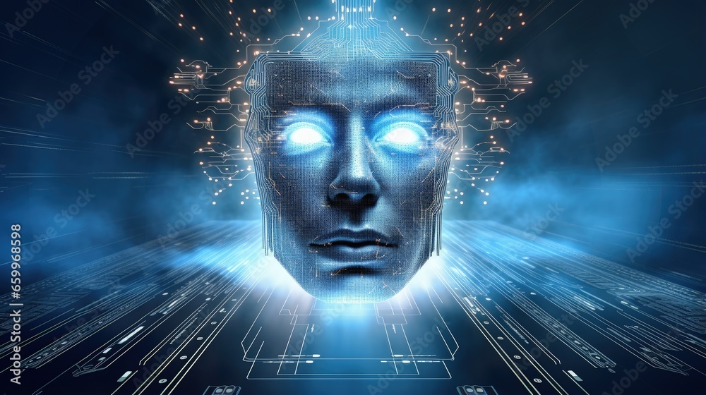 Deep Learning concept, human face on processor chip between digital rays on blue background. Deep Learning concept, human face on processor chip between digital rays on blue background.