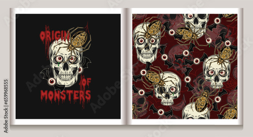 Halloween pattern, label with flying eye monsters, skull with red eyeballs, crawling robot spiders, grunge distorted silhouette of spider we, text. Freaky, creepy, illustration in vintage style Not AI