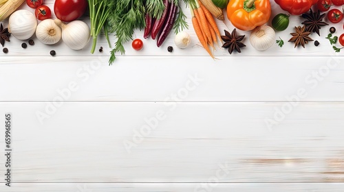 Vegetables, spices and herbs on a white wooden background. Kitchen background. Top view. Free space for text.