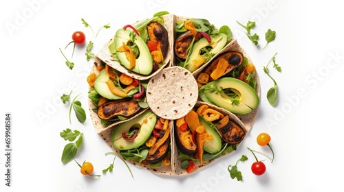 Open vegan tortilla wraps with sweet potato, beans, avocado, tomatoes, pumpkin and seedlings on a white background, top view, flat lay. Healthy vegan food concept. photo
