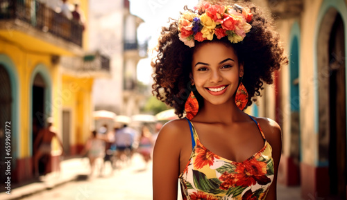 Latin girl in dress, earrings, smiling on the street