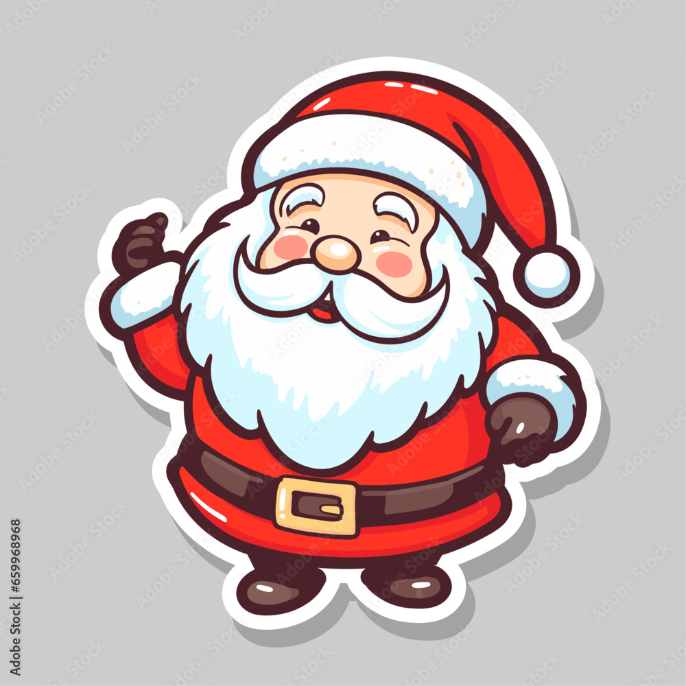 Vector Cute Funny Smiling Santa Claus Head Icon, sticker isolated on white. Design Template for Holiday Merry Christmas and Happy New Year Greeting Cards, Stickers, Banners