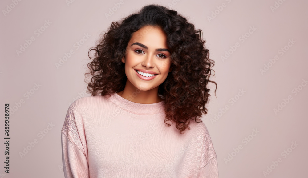 beautiful brunette in a pink jacket on a pink background beautiful brunette in a pink jacket on a pink background
