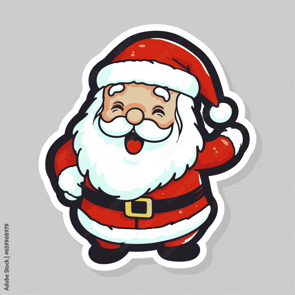 Vector Cute Funny Smiling Santa Claus Head Icon, sticker isolated on white. Design Template for Holiday Merry Christmas and Happy New Year Greeting Cards, Stickers, Banners
