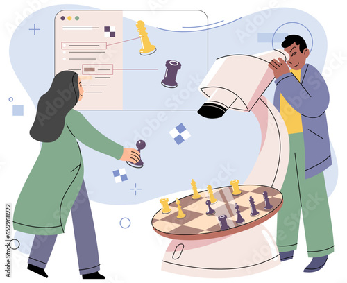 People playing strategic game chess online with laptop. Man explaining rules of chess to woman. Chess tournament between players. Strategy game. Checkmate. Intelligence business board game application