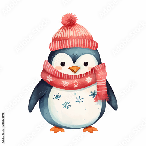 Vector flat cartoon penguin wearing winter outfit Funny polar winter bird banner poster greeting card. Cartoon character wild penguin in watercolordesign. Vector illustration isolated 