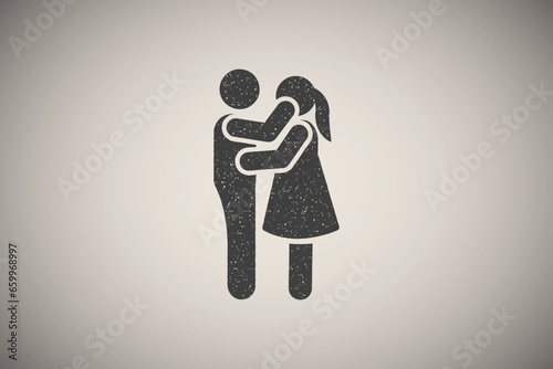 Girl, boy, love, hug icon vector illustration in stamp style