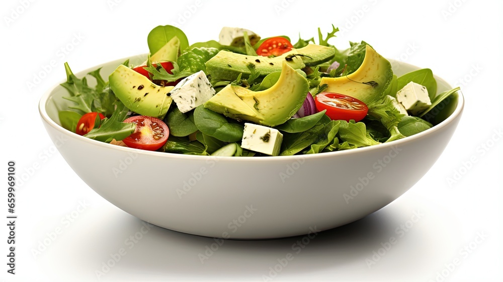 Healthy green salad with avocado feta cheese and fresh vegetables isolated on white Healthy green salad with avocado feta cheese and fresh vegetables isolated on white