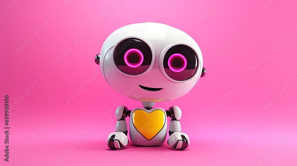 Cute robot with heart eyes looking up isolated over pink and yellow background. Technology concept. 3d rendering. Cute robot with heart eyes looking up isolated over pink and yellow background. Technology concept. 3d rendering.