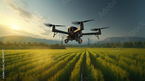 Agriculture drone flying and spraying fertilizer and pesticide over farmland High technology innovations and smart farming