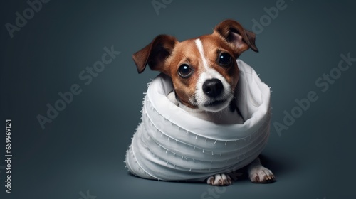 Dog jack russell terrier in a blanket and a conical collar after surgery on a gray background. Copy space. © HN Works
