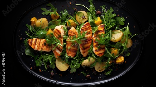 Delicious food - roasted potatoes, chicken breast, grilled zucchini and arugula spinach salad on a dark background, top view