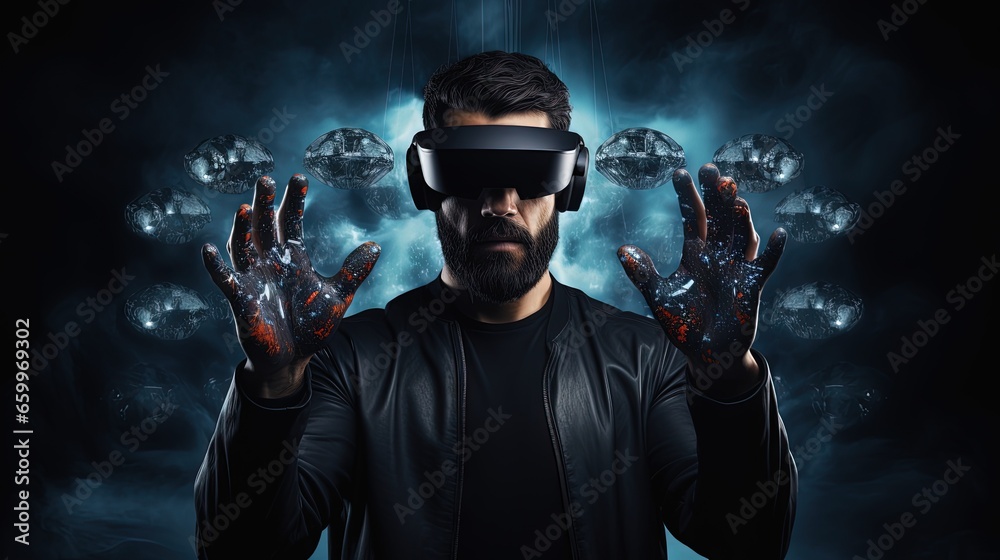 The dark side of virtual reality. Man holds glowing VR googles The dark side of virtual reality. Man holds glowing VR googles