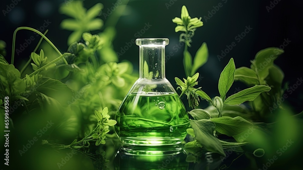 Natural organic extraction and green herbal leaves, Flower aroma essence solution in laboratory. - obrazy, fototapety, plakaty 