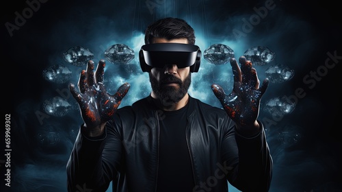 The dark side of virtual reality. Man holds glowing VR googles