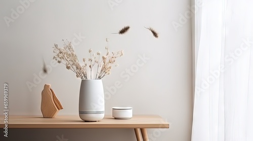 Air humidifier, figurine and vase with dried flowers on the white shelf. Minimalistic Scandinavian interior. Selecive focus, copy space