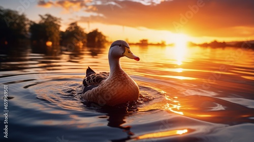 Fotografia The silhouette of duck in a water at the sunset