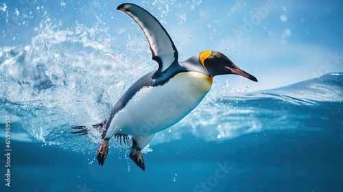 Wild bird in the water. Big King penguin jump dance out of the blue water after swimming through the ocean in Falkland Island. Wildlife scene from nature. Funny image from the ocean.