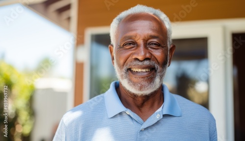 Smiling elderly man enjoys a sunny day outside his home with a welcoming expression and bright surroundings in the afternoon light