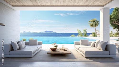 Sea view empty large living room of luxury summer beach house with swimming pool near terrace. Big white wall background in vacation home or holiday villa. 3D Rendering