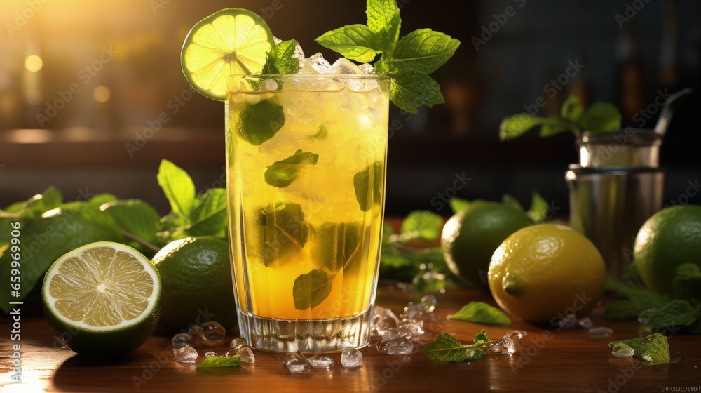 Fototapeta premium Passion fruit lemonade garnished with lime and mint