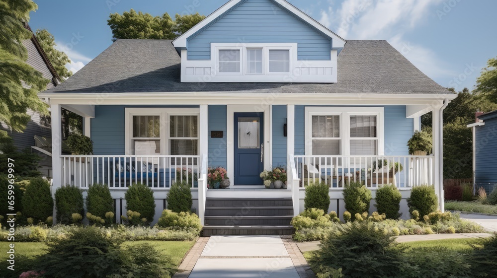 Exterior of a suburban home with blue siding, a white front porch, and white shutters. - obrazy, fototapety, plakaty 