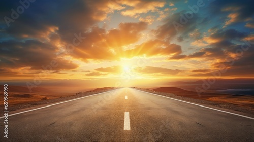 Empty long mountain road to the horizon on a sunny summer day at bright sunset © HN Works