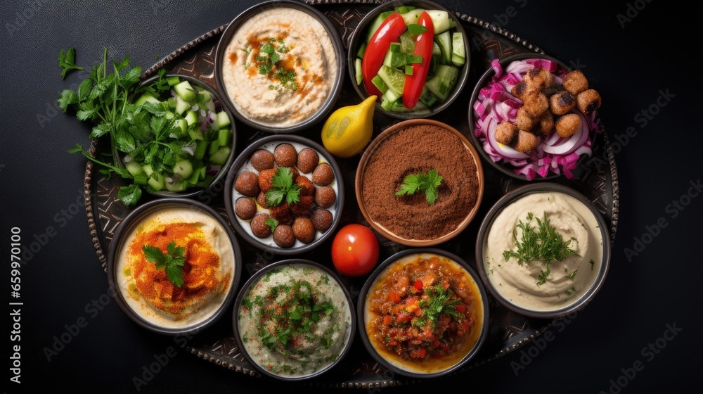 Middle eastern or arabic dishes and assorted meze on a dark background. Meat kebab, falafel, baba ghanoush, hummus, rice with vegetables, sambusak, kibbeh, pita. Halal food. Space for text. Top view