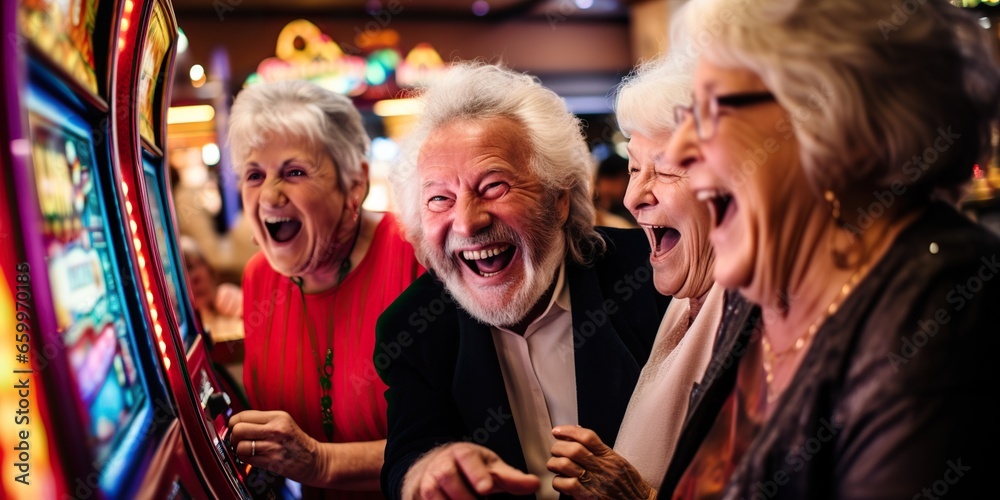 A group of lively seniors gathered around a slot machine in a casino, awaiting the outcome with bated breath, concept of Thrilling anticipation - obrazy, fototapety, plakaty 