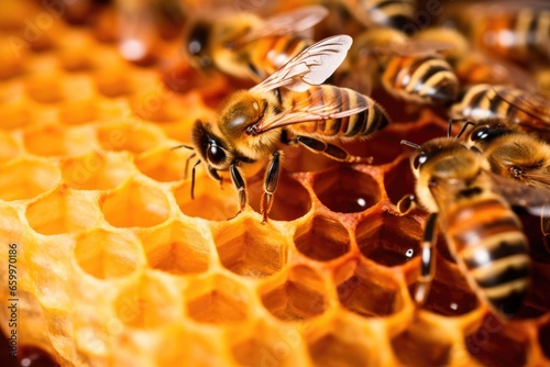 a honey bee making honey in a hive for offspring © altitudevisual
