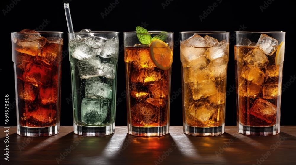 Glasses of sweet carbonated drinks with ice cubes isolated on white. With clipping path Glasses of sweet carbonated drinks with ice cubes isolated on white. With clipping path