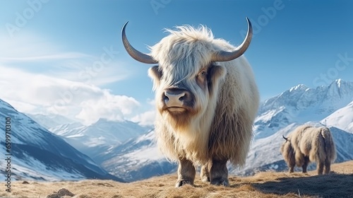 White & black yak in alpine mountains. Himalayan big yak in beautiful landscape. Hairy cattle cow wild animal in nature. Sunny winter day, yak face - wildlife concept. Farm animal in Nepal & Tibet © HN Works