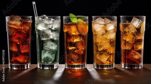 Glasses of sweet carbonated drinks with ice cubes isolated on white. With clipping path photo