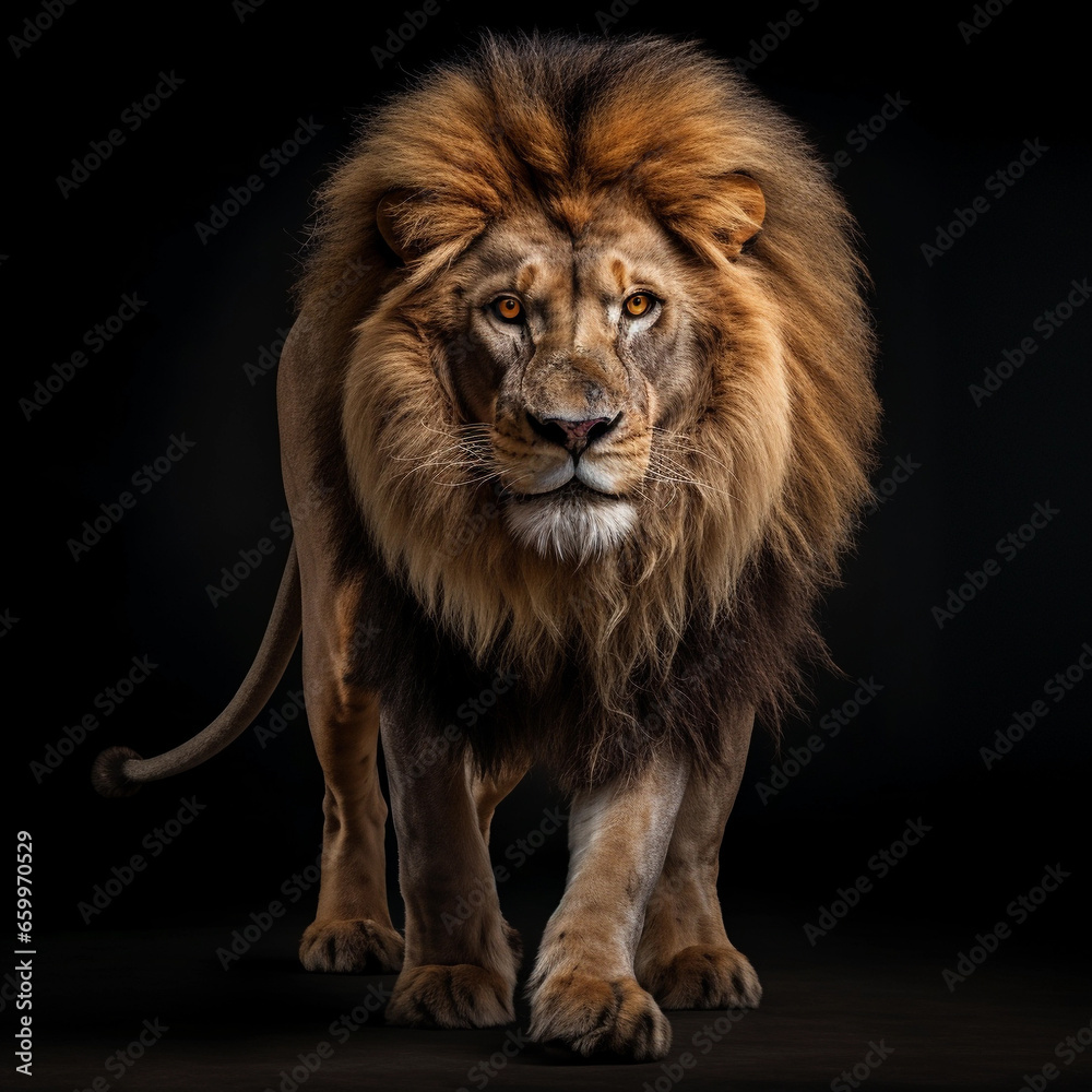 Adult lion head of a pride walking towards the camera on a black background