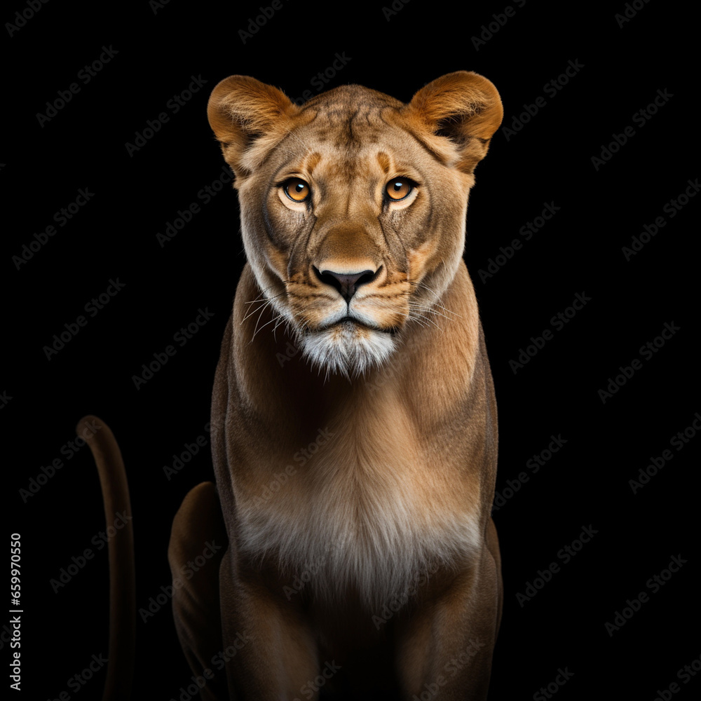 Fototapeta premium Lioness sitting looking at the camera on a black background