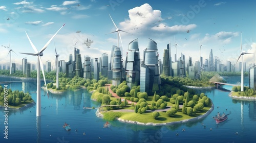 Renewable energy concept  Environmentally sustainability ecological  City on island with forest  Electricity from wind power generators  Solar panels  Green power technology connected to smart urban.