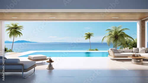 Sea view empty large living room of luxury summer beach house with swimming pool near terrace. Big white wall background in vacation home or holiday villa. 3D Rendering