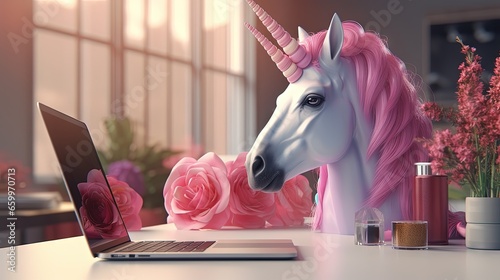 unicorn and rocket on notebook for startup content 3d rendering.