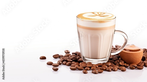 Hot latte coffee latte art with coffee beans, cinnamon and milk bottle isolate on white background. coffee shop cafe menu concept.