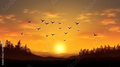 World environment day concept: Silhouette birds flying on meadow autumn sunrise landscape background