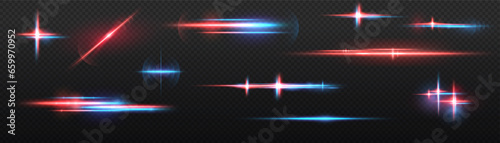 Realistic light effect, neon illumination in red and blue colors. Bright light lens. Police light effects, lines. Shiny stars, glowing sparks on a black background. Vector