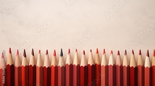 A row of red pencils with tips facing upwards against parchment textured paper which provides copy space above. Processed in a retro or vintage style. photo