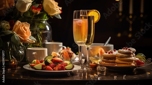 Luxury food and drinks on wedding table. Shallow DOF