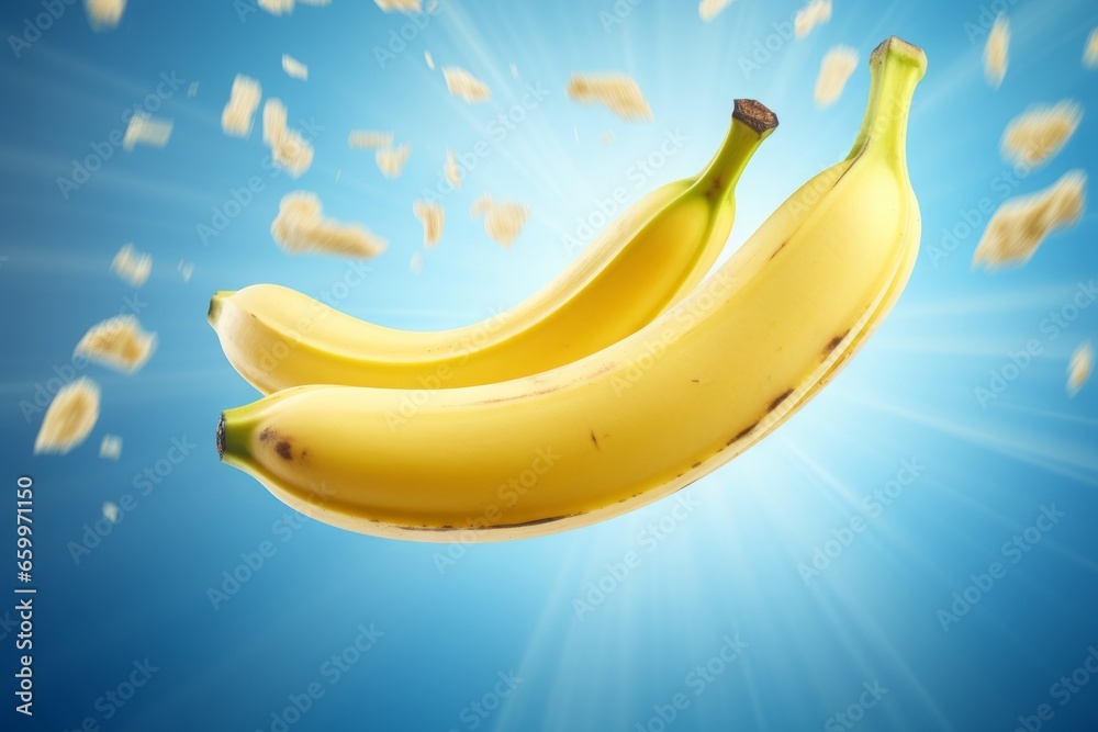 a clean detailed studio photo of yellow fresh raw ripe bananas flying in the air on pastel gradient background. Vegetable or fruit Food ingredient levitation. a clean detailed studio photo of yellow fresh raw ripe bananas flying in the air on pastel gradient background. Vegetable or fruit Food ingredient levitation.
