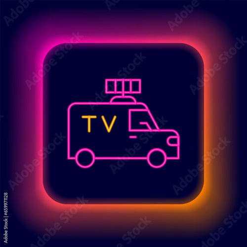 Glowing neon line TV News car with equipment on the roof icon isolated on black background. Colorful outline concept. Vector