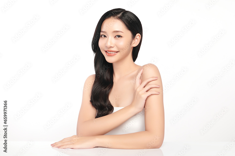 Beautiful young asian woman with clean fresh skin on white background, Face care, Facial treatment, Cosmetology, beauty and spa, Asian women portrait.