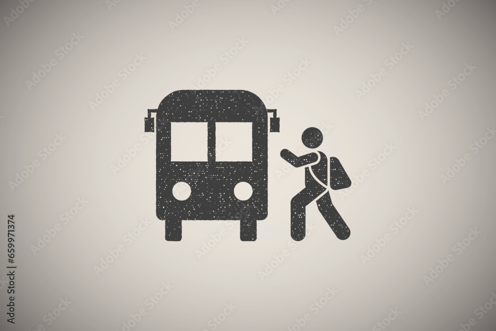 Bus, boy, school, go icon vector illustration in stamp style Bus, boy, school, go icon vector illustration in stamp style