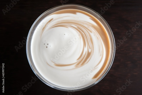 almond milk swirled in a glass  a whirlpool effect visible